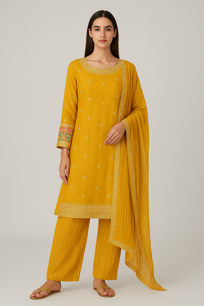 Luxury Yellow Embroidered 3-Piece Suit with Flared Trouser – OutlookFashio