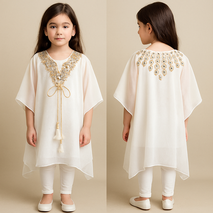 Regal White & Gold Embellished Festive Tunic Set for Girls