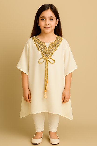 Regal White & Gold Embellished Festive Tunic Set for Girls
