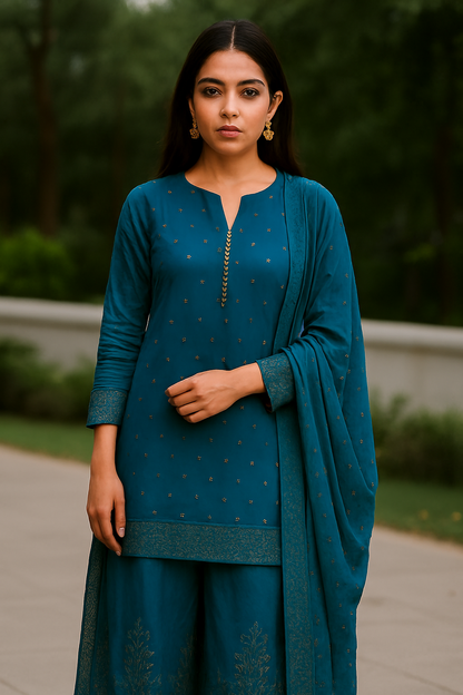 Elegant Bluish Pista Embroidered Salwar Kameez Set – Traditional Pakistani Women's Outfit with Dupatta