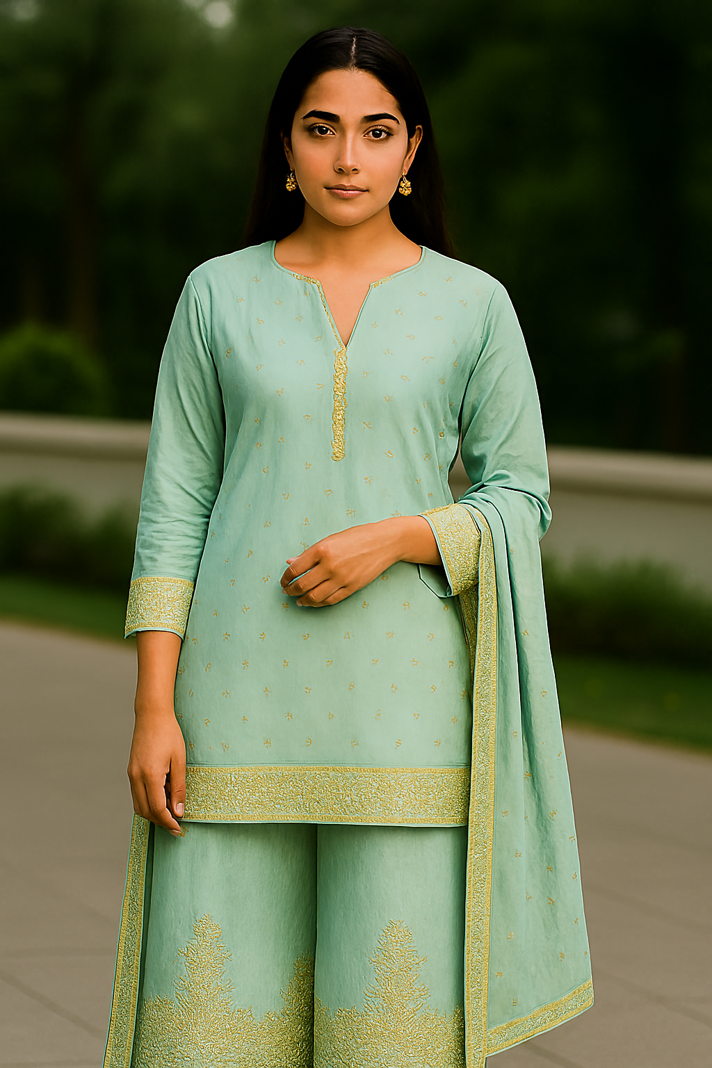 Elegant Bluish Pista Embroidered Salwar Kameez Set – Traditional Pakistani Women's Outfit with Dupatta