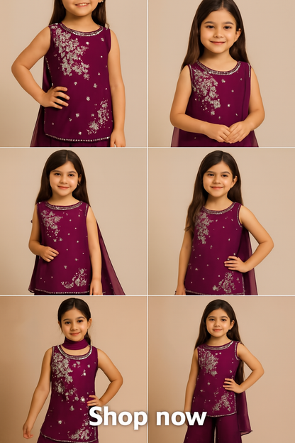 🌸 Maroon Embroidered Kurta Palazzo Set for Girls – Festive & Traditional Wear