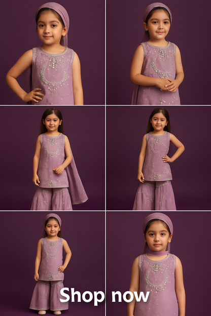 🌙 Lavender Embroidered Sharara Set for Girls – Traditional & Festive Elegance