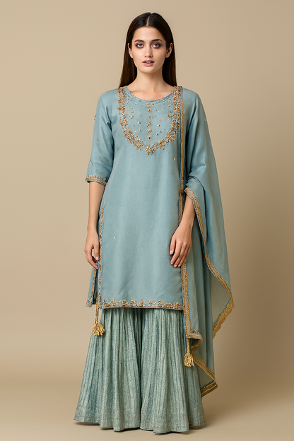 Embroidered Sharara Set – Pastel Blue & Deep Green