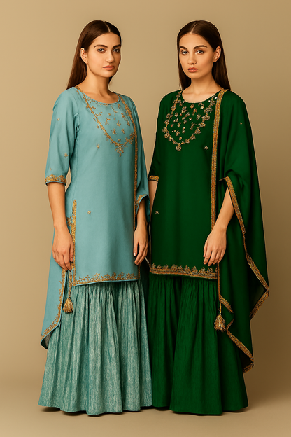 Embroidered Sharara Set – Pastel Blue & Deep Green