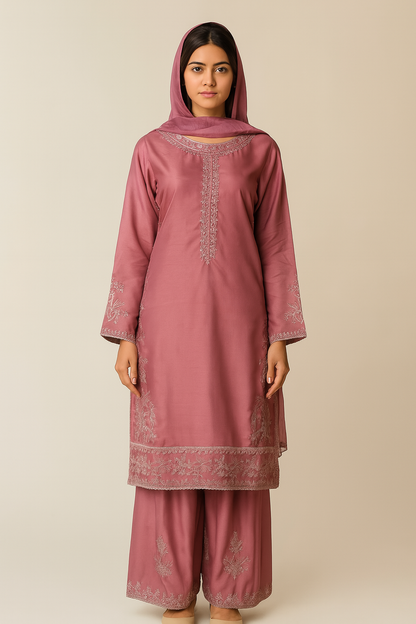 🌹 Traditional Rose Embroidered Pakistani Outfit – Elegant Kameez, Palazzo & Dupatta Set