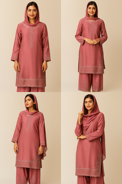 🌹 Traditional Rose Embroidered Pakistani Outfit – Elegant Kameez, Palazzo & Dupatta Set