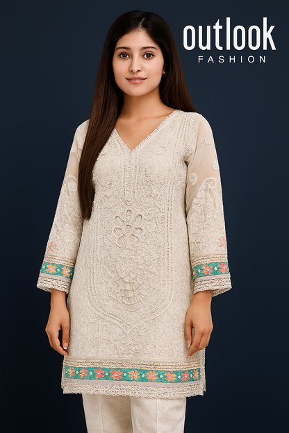 Embroidered Kurta for Women (Age 20–29) | Traditional South Asian Outfit with Colorful Borders – Outlook Fashion