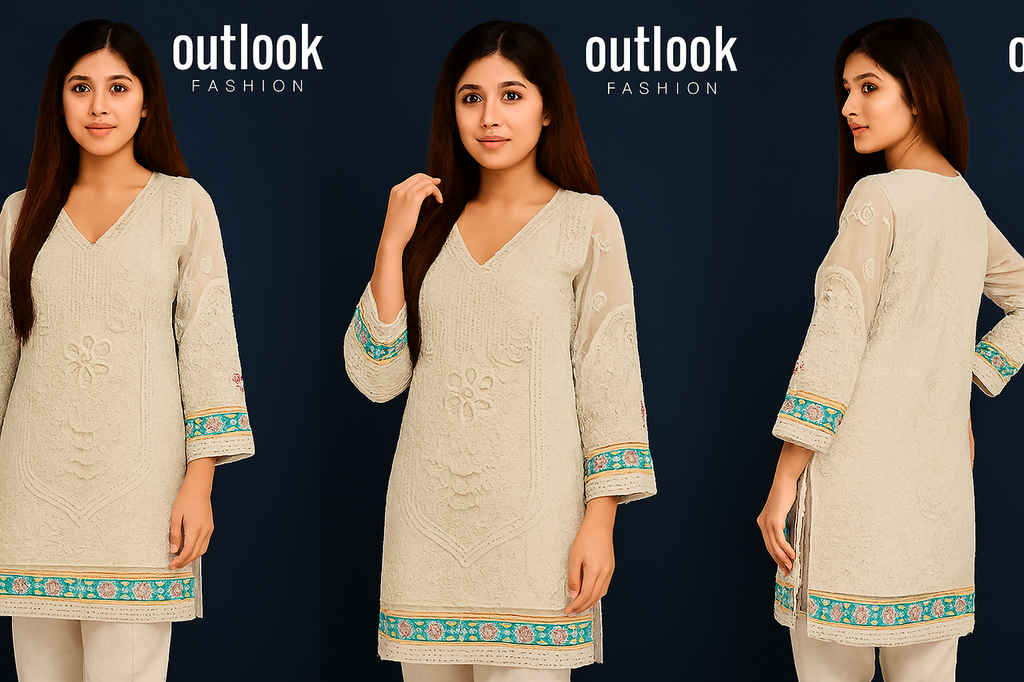 Embroidered Kurta for Women (Age 20–29) | Traditional South Asian Outfit with Colorful Borders – Outlook Fashion