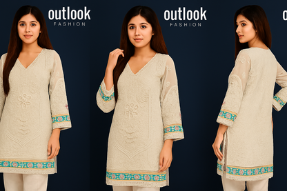 Embroidered Kurta for Women (Age 20–29) | Traditional South Asian Outfit with Colorful Borders – Outlook Fashion