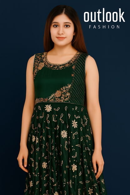 Embroidered Anarkali Dress for Women (Age 20–29) | Traditional South Asian Outfit with Golden Detailing – Outlook Fashion
