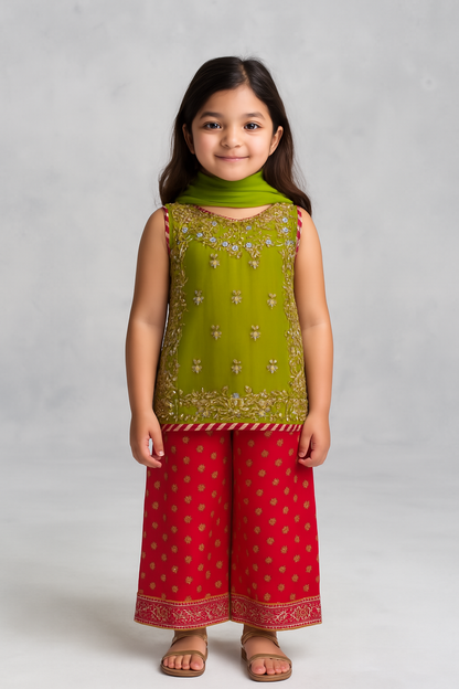🌟 Festive Kids' Salwar Kameez Set – Green & Red Elegance