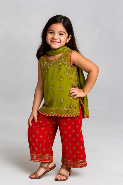 🌟 Festive Kids' Salwar Kameez Set – Green & Red Elegance