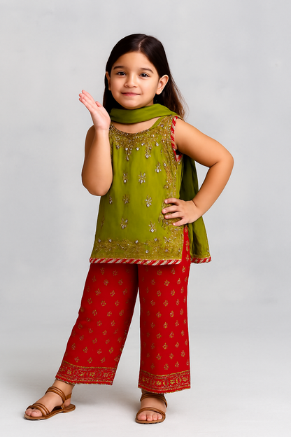 🌟 Festive Kids' Salwar Kameez Set – Green & Red Elegance