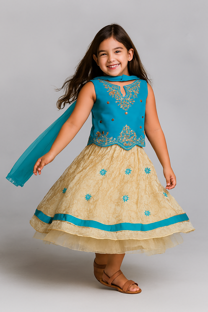 🌸 Traditional Pink & Cream Floral Embroidered Girl's Festive Dress