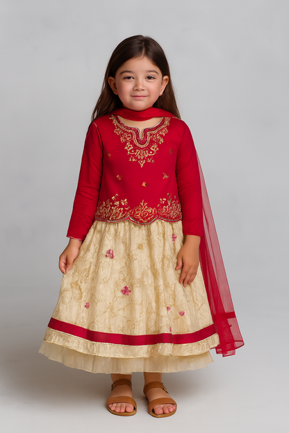 🌸 Traditional Pink & Cream Floral Embroidered Girl's Festive Dress