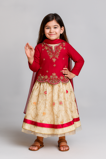 🌸 Traditional Pink & Cream Floral Embroidered Girl's Festive Dress