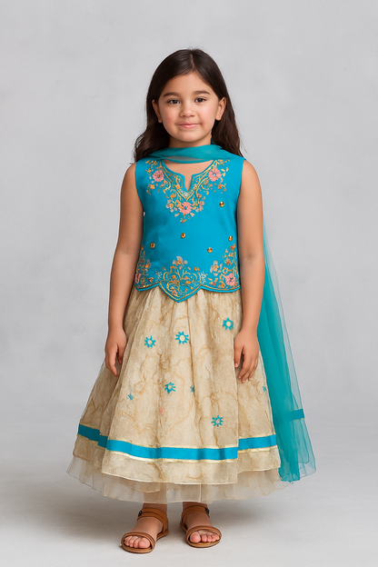 🌸 Traditional Pink & Cream Floral Embroidered Girl's Festive Dress