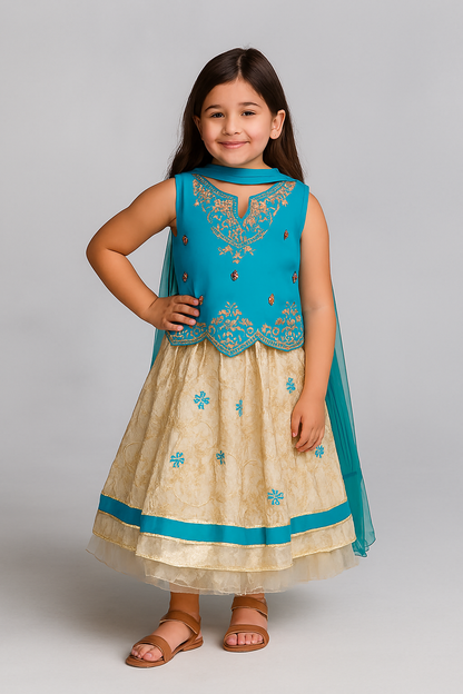 🌸 Traditional Pink & Cream Floral Embroidered Girl's Festive Dress