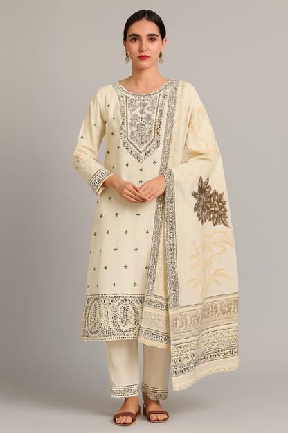 Elegant Off-White Embroidered Three-Piece Suit for Women | Luxury Pret Collection by OutlookFashion