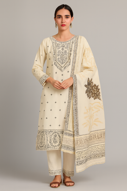 Elegant Off-White Embroidered Three-Piece Suit for Women | Luxury Pret Collection by OutlookFashion