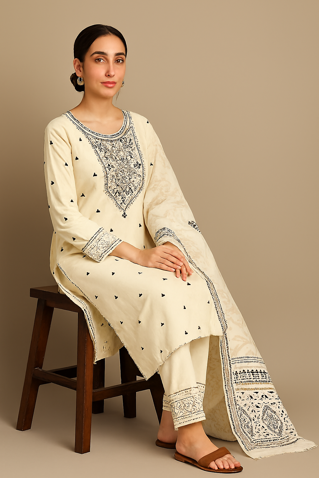 Elegant Off-White Embroidered Three-Piece Suit for Women | Luxury Pret Collection by OutlookFashion