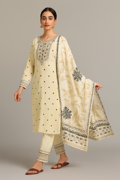 Elegant Off-White Embroidered Three-Piece Suit for Women | Luxury Pret Collection by OutlookFashion