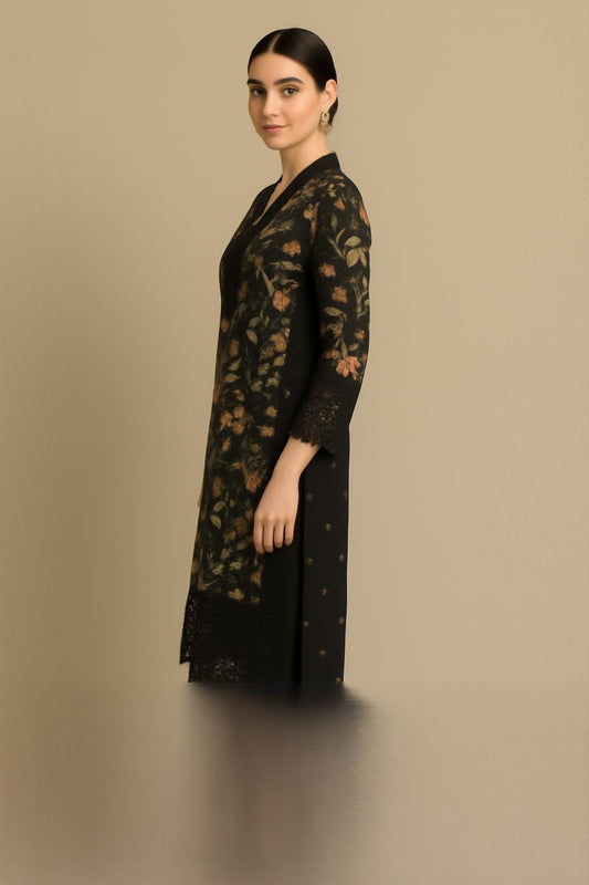 🖤 Black Floral Embroidered 3-Piece Suit – Kaddar Collection