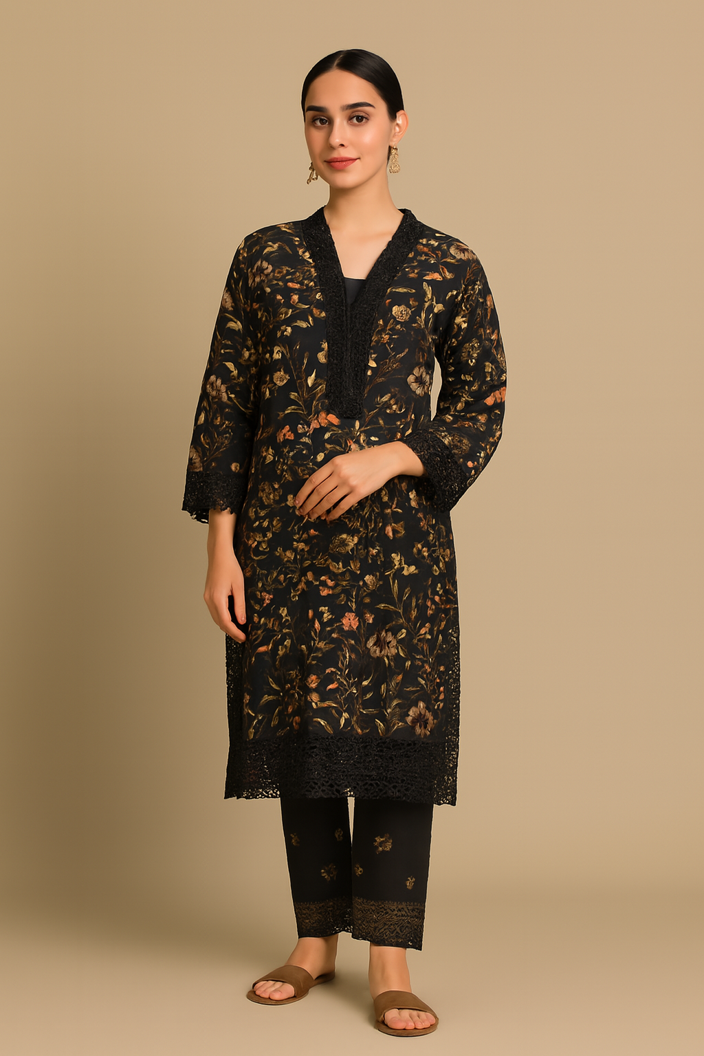🖤 Black Floral Embroidered 3-Piece Suit – Kaddar Collection