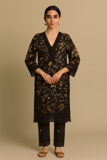 🖤 Black Floral Embroidered 3-Piece Suit – Kaddar Collection
