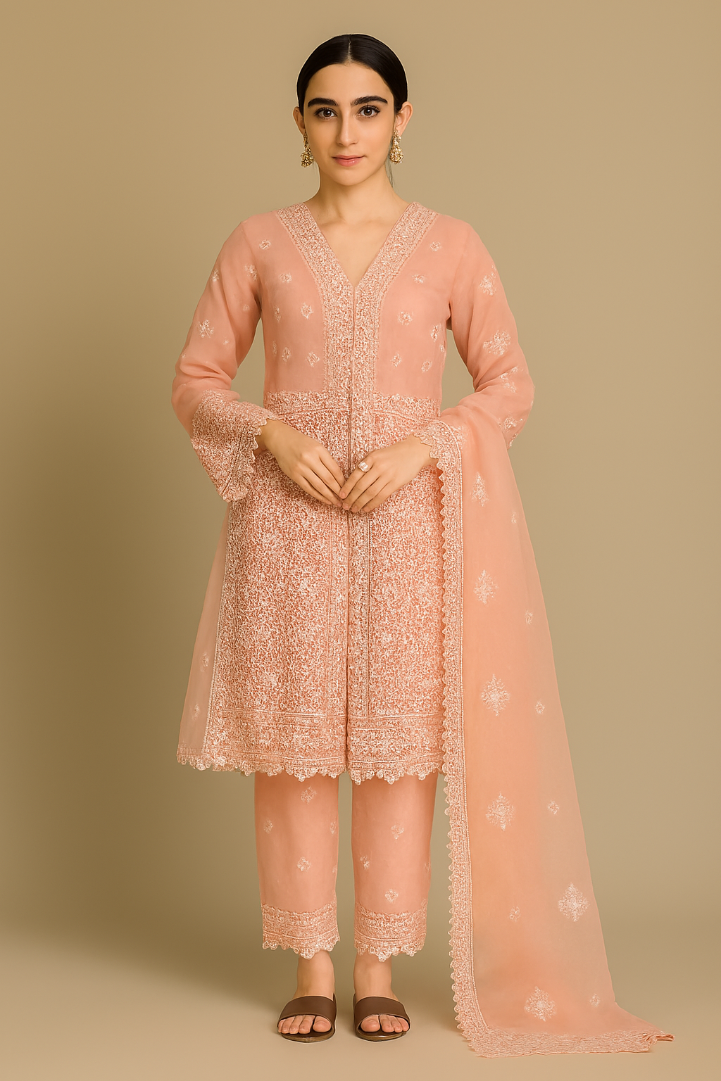 Luxury Embroidered Organza 3‑Piece Suit – Peach & Gold Festive Wear