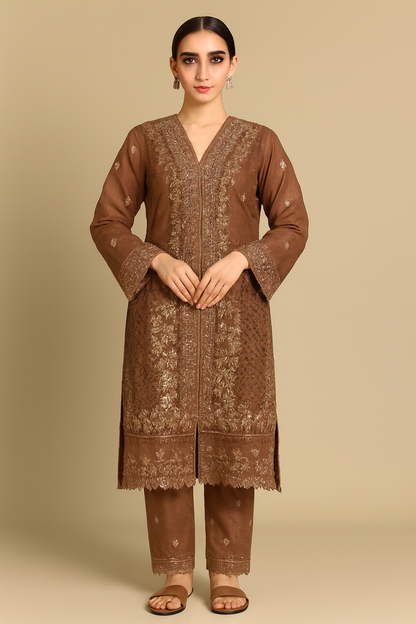 Luxury Embroidered Organza 3‑Piece Suit – Peach & Gold Festive Wear