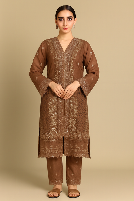 Luxury Embroidered Organza 3‑Piece Suit – Peach & Gold Festive Wear