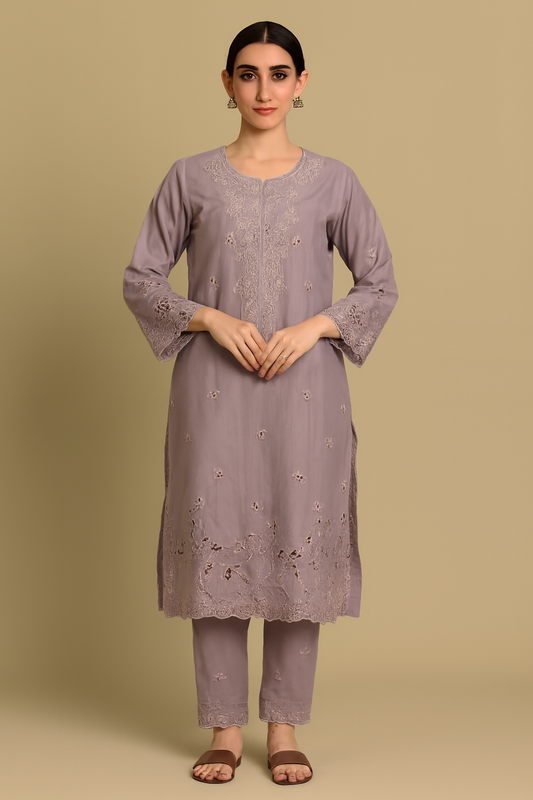 Luxury Lavender Embroidered Kurta Set