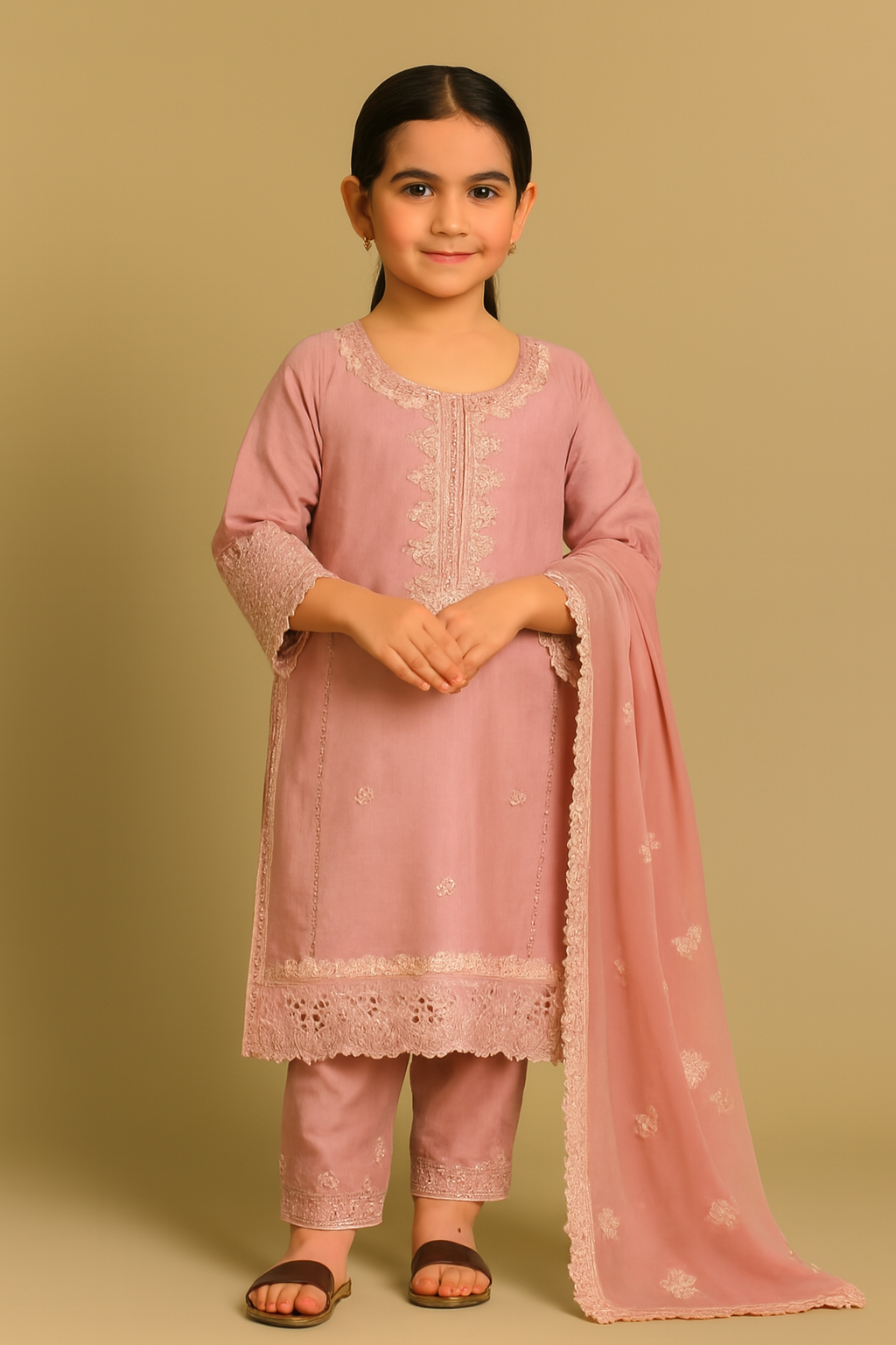 🌸 Embroidered Pink Kurta Set – Traditional Wear for Girls