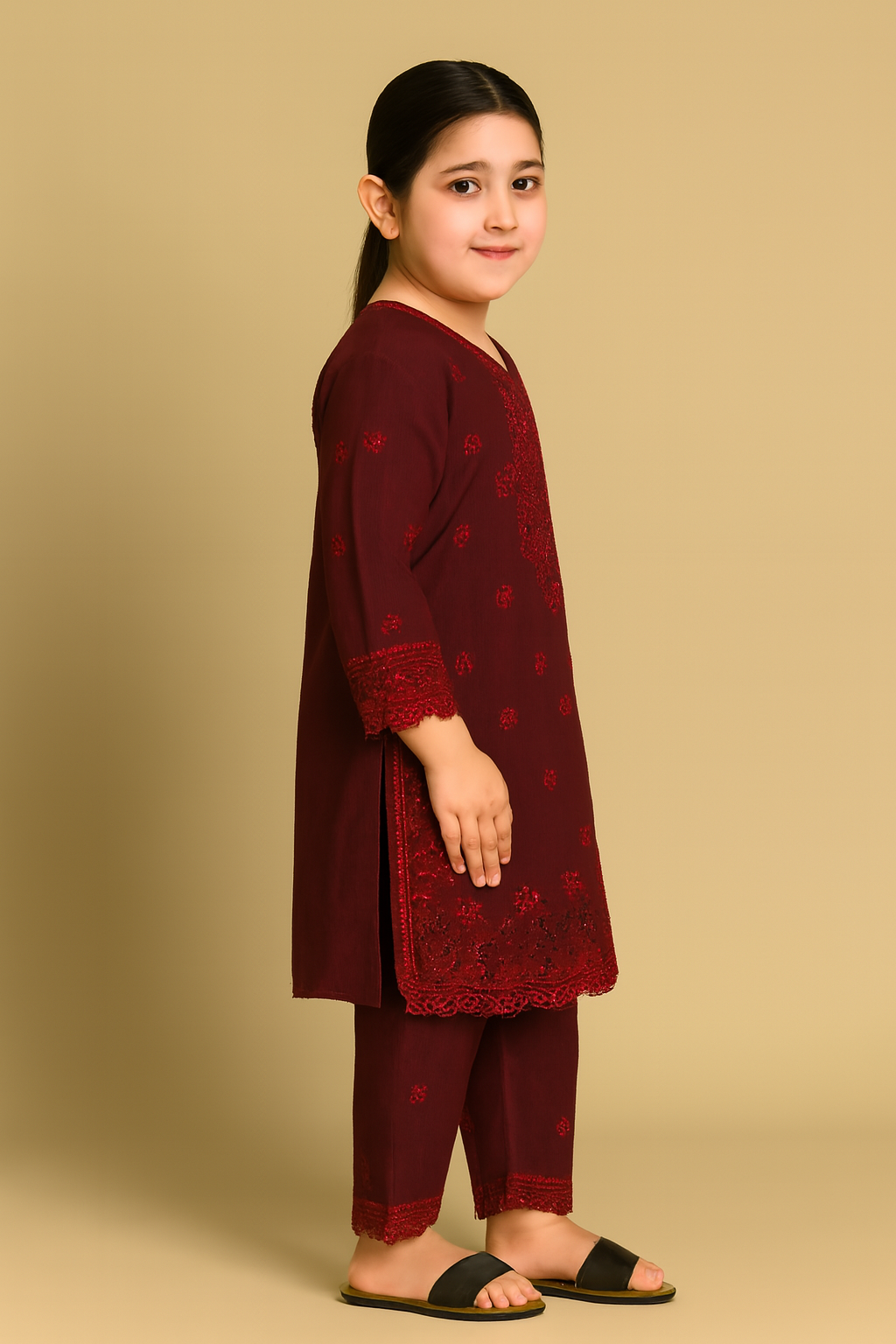 Embroidered Maroon Kurta Set – Traditional Wear for Girls