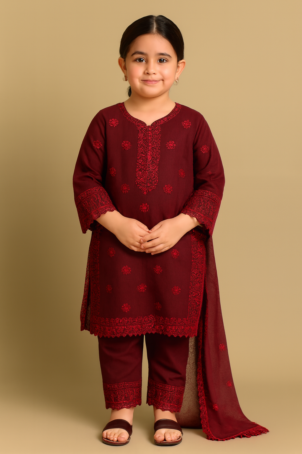 Embroidered Maroon Kurta Set – Traditional Wear for Girls