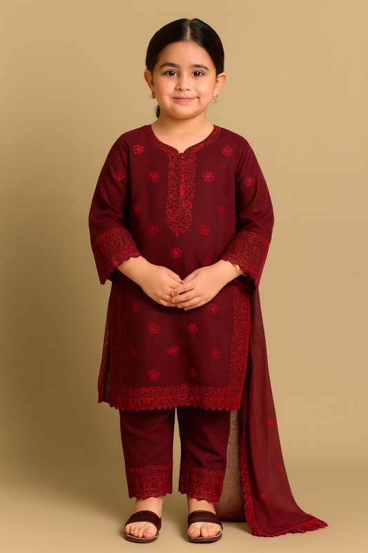 Embroidered Maroon Kurta Set – Traditional Wear for Girls