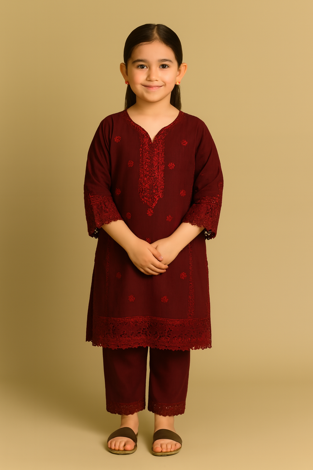 Embroidered Maroon Kurta Set – Traditional Wear for Girls