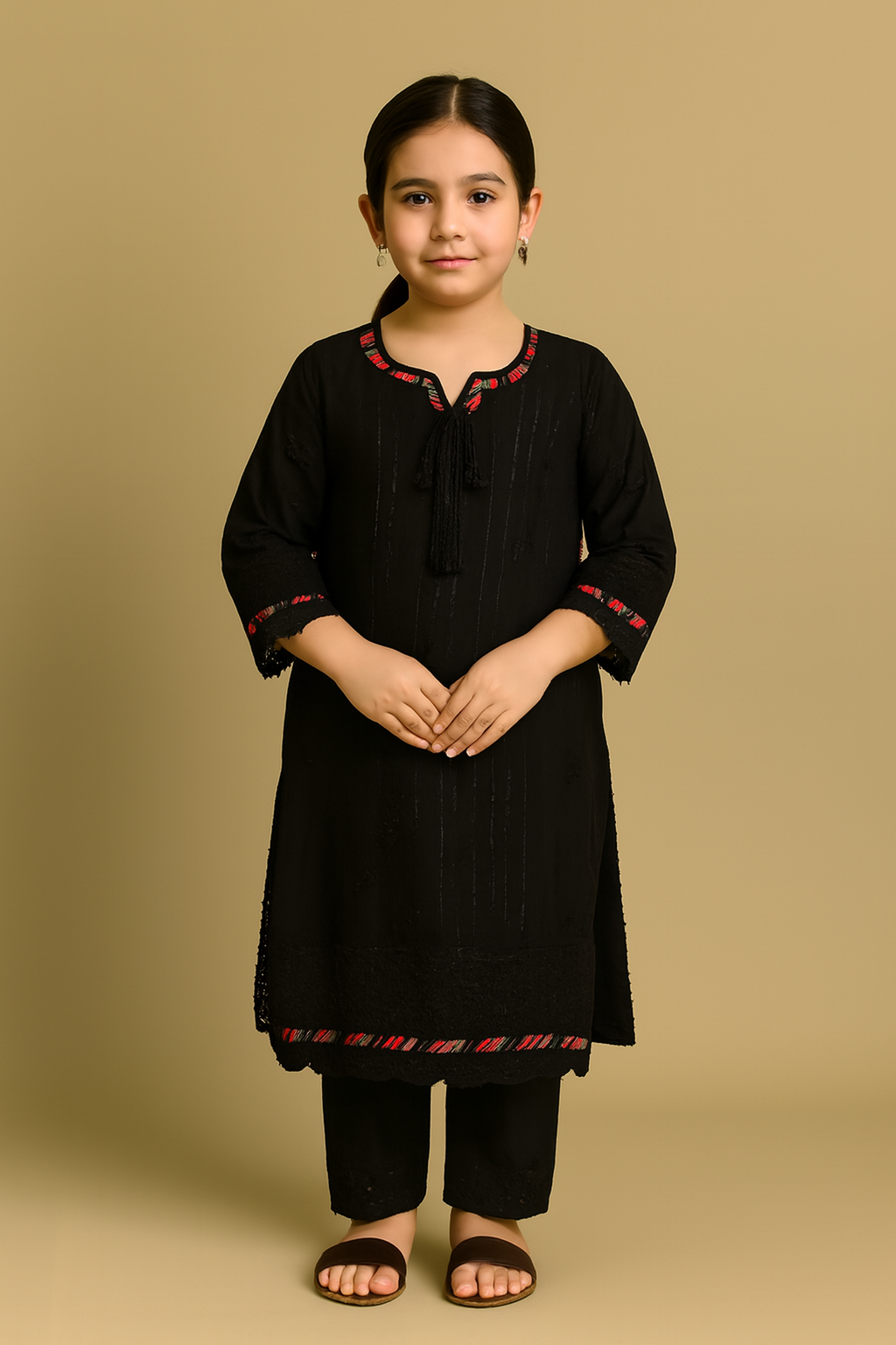 Black Embroidered Kurta Set for Girls – Multicolor Trim & Tassel Detail