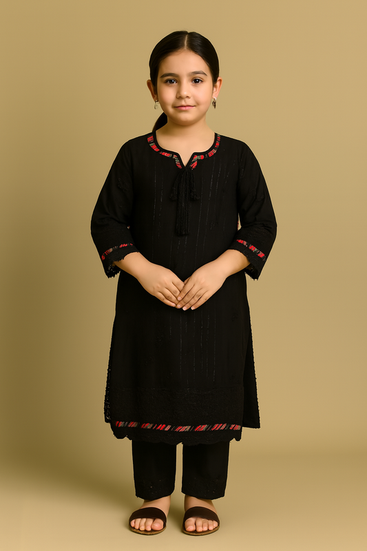 Black Embroidered Kurta Set for Girls – Multicolor Trim & Tassel Detail