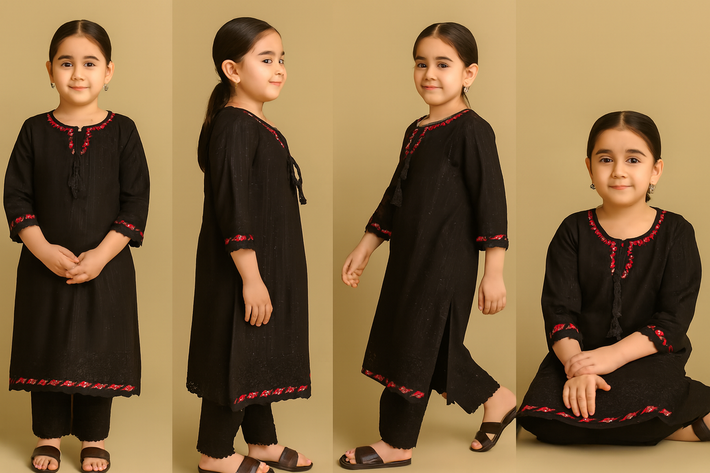Black Embroidered Kurta Set for Girls – Multicolor Trim & Tassel Detail