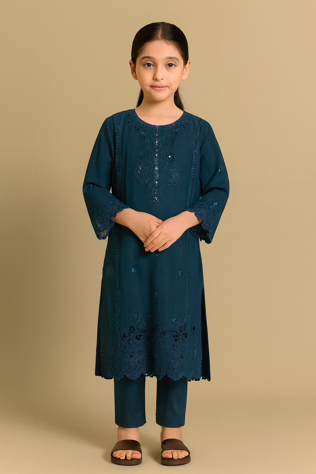 🟢 Embroidered Teal Kurta Set – Festive Wear for Girls