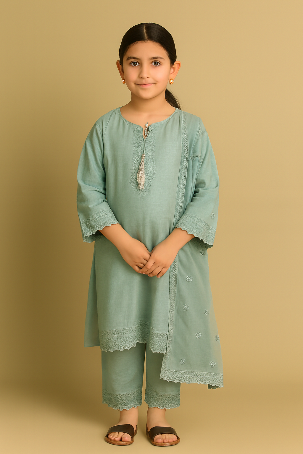 Embroidered Light Green Kurta Set – Traditional Wear for Girls
