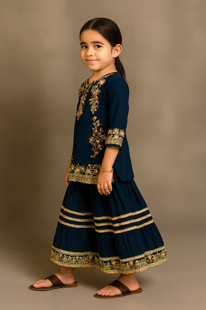 💙 Navy Blue Floral Embroidered Sharara Set – Kidswear by OutlookFashion