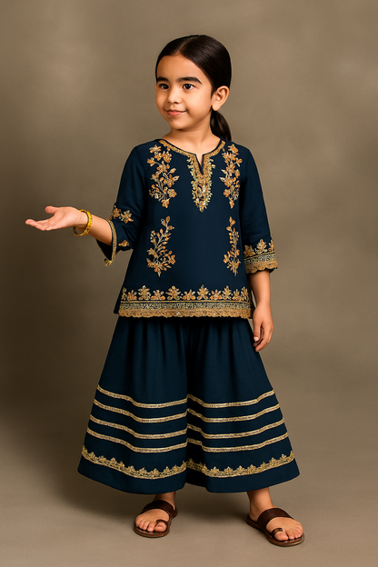 💙 Navy Blue Floral Embroidered Sharara Set – Kidswear by OutlookFashion