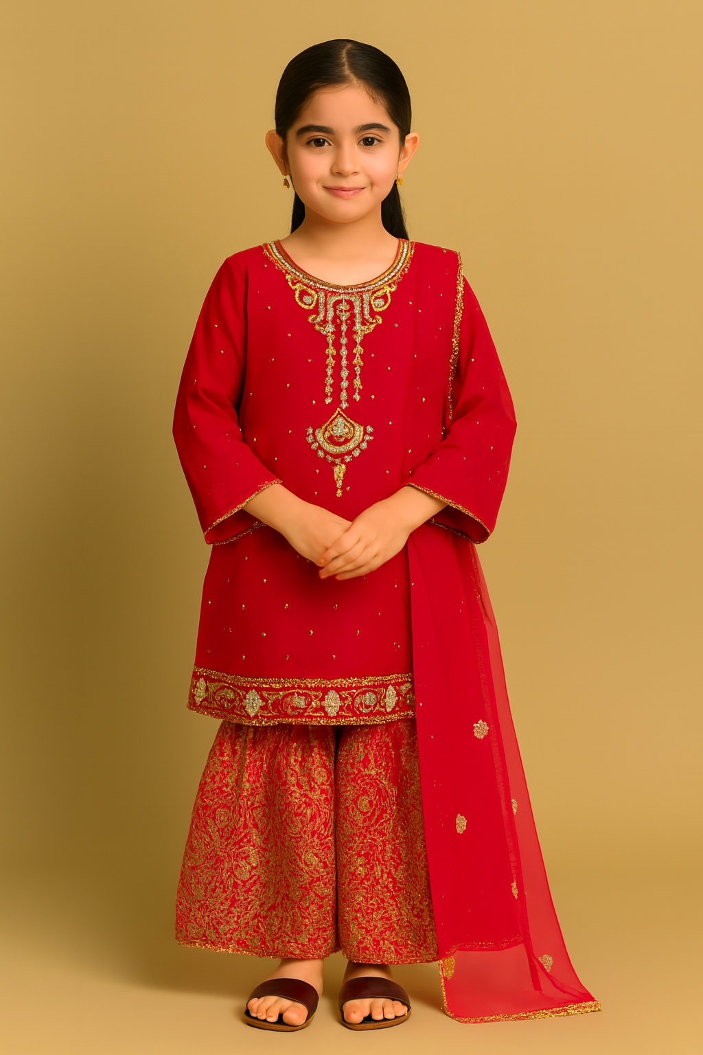 Red Embroidered Sharara Set – Kidswear by OutlookFashion