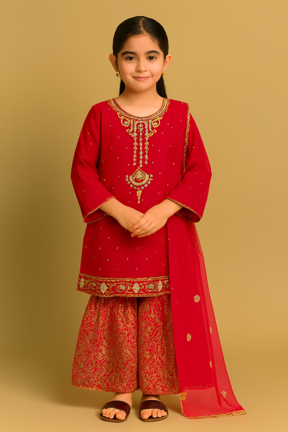 Red Embroidered Sharara Set – Kidswear by OutlookFashion