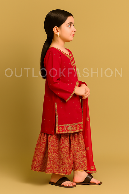 Red Embroidered Sharara Set – Kidswear by OutlookFashion