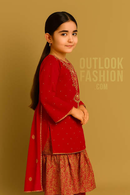 Red Embroidered Sharara Set – Kidswear by OutlookFashion